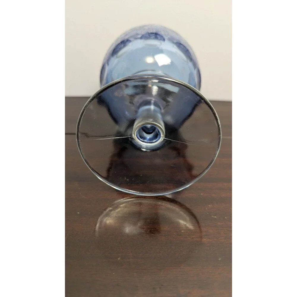 Vintage Blue Glass Goblet Gold Gilt Etched Grapevine Thumbprint Wine Glass